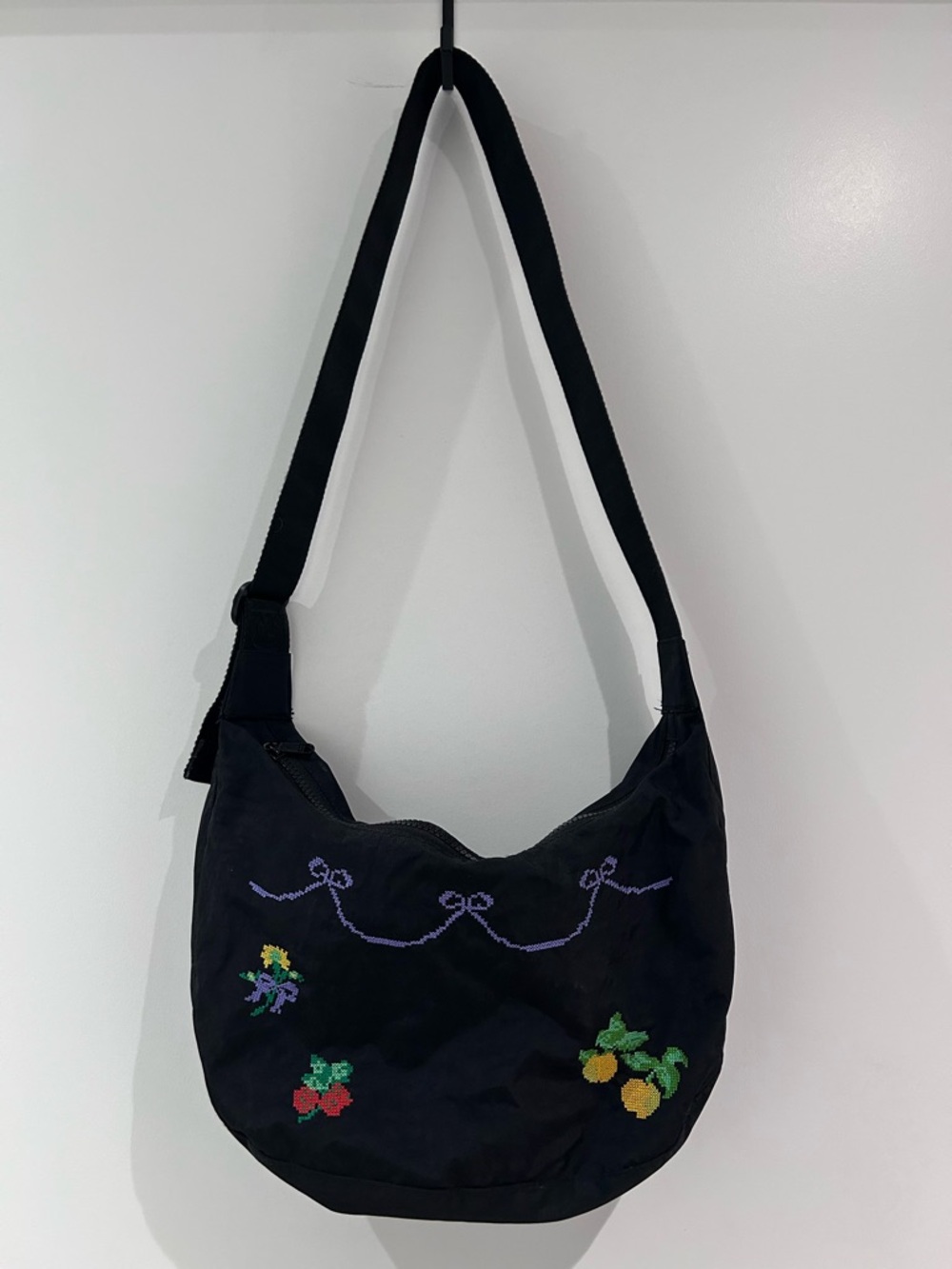 BAGGU Black Embroidered Hobo Bag with Fruit Motif